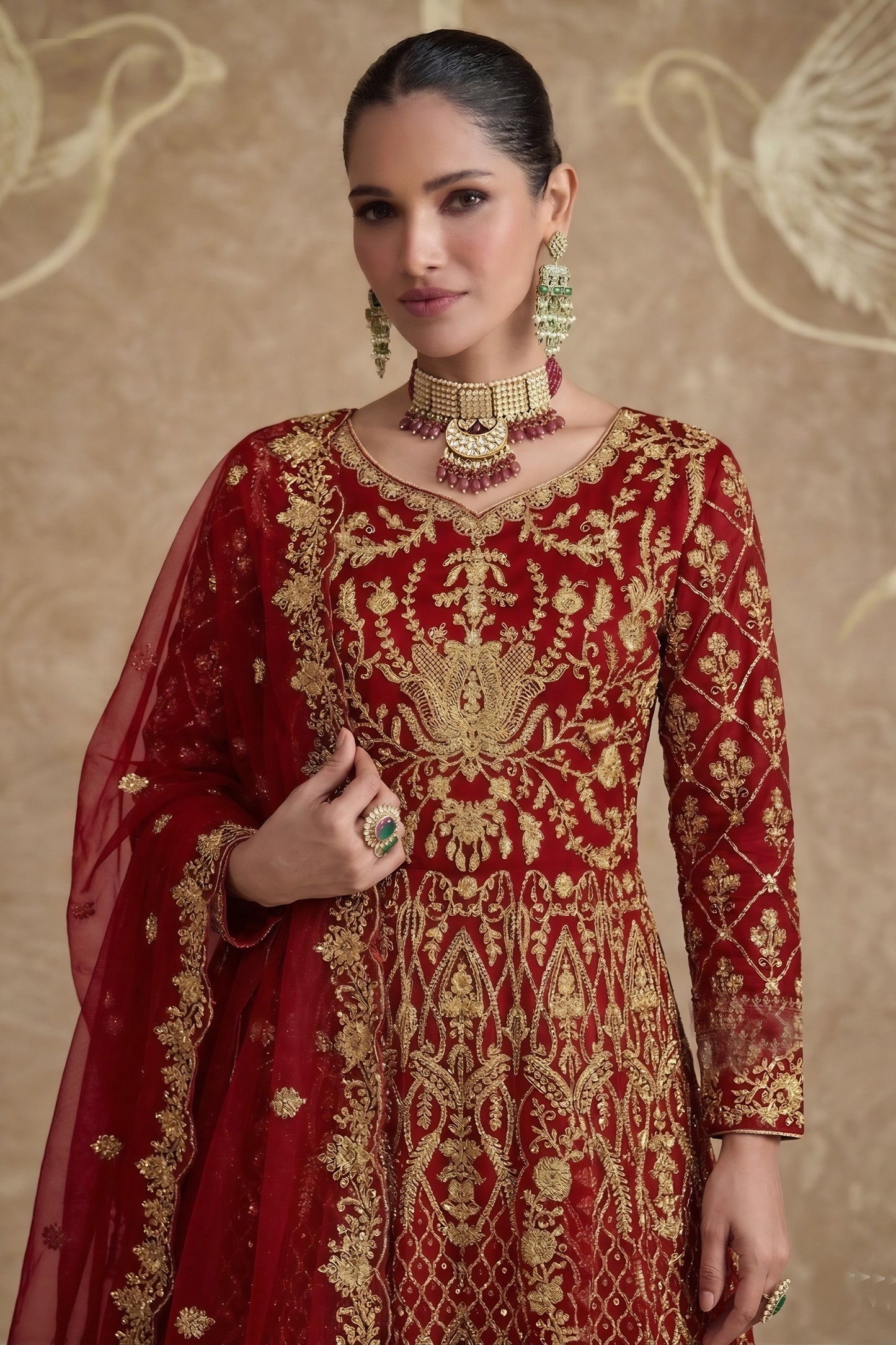Stunning Red Heavy Embroidered Butterfly Net Semi-Stitched Anarkali Suit with Dupatta