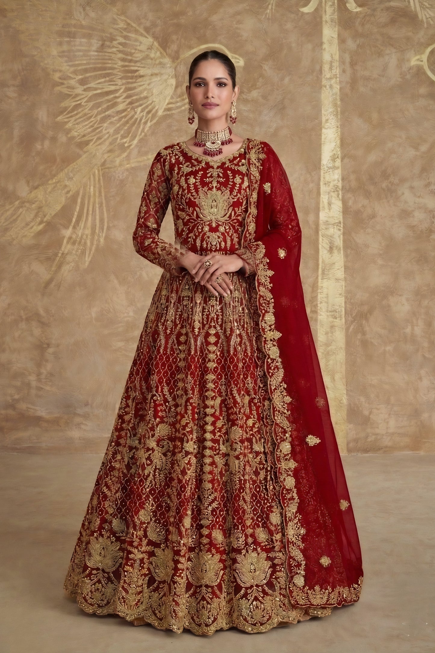 Stunning Red Heavy Embroidered Butterfly Net Semi-Stitched Anarkali Suit with Dupatta