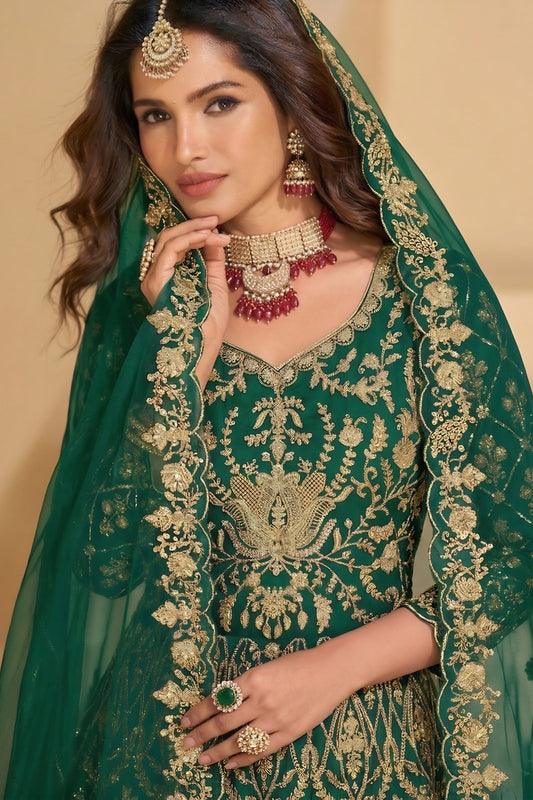 Graceful Green Heavy Embroidered Butterfly Net Semi-Stitched Anarkali Suit with Dupatta