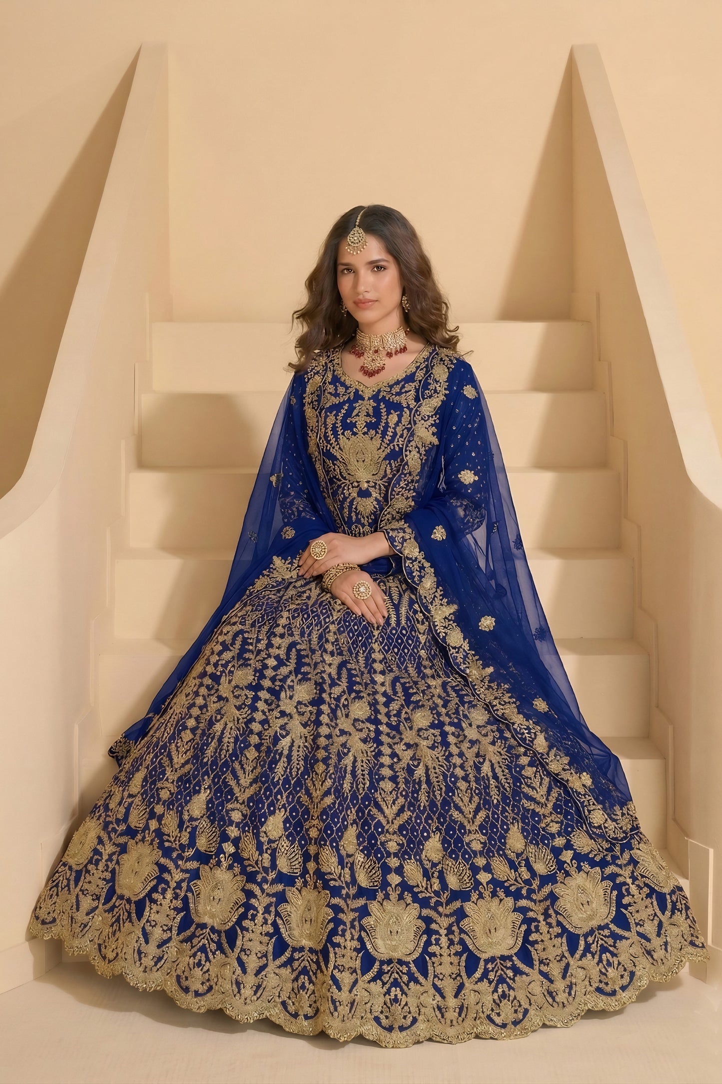 Luxurious Navy Blue Heavy Embroidered Butterfly Net Semi-Stitched Anarkali Suit with Dupatta