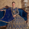 Luxurious Navy Blue Heavy Embroidered Butterfly Net Semi-Stitched Anarkali Suit with Dupatta