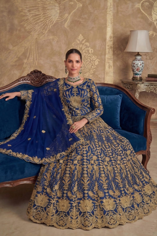 Luxurious Navy Blue Heavy Embroidered Butterfly Net Semi-Stitched Anarkali Suit with Dupatta