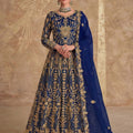Luxurious Navy Blue Heavy Embroidered Butterfly Net Semi-Stitched Anarkali Suit with Dupatta