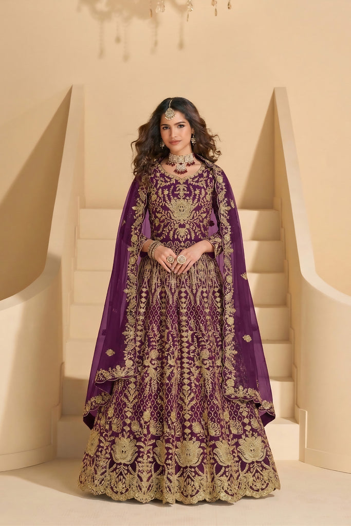 Festive Purple Heavy Embroidered Butterfly Net Semi-Stitched Anarkali Suit with Dupatta