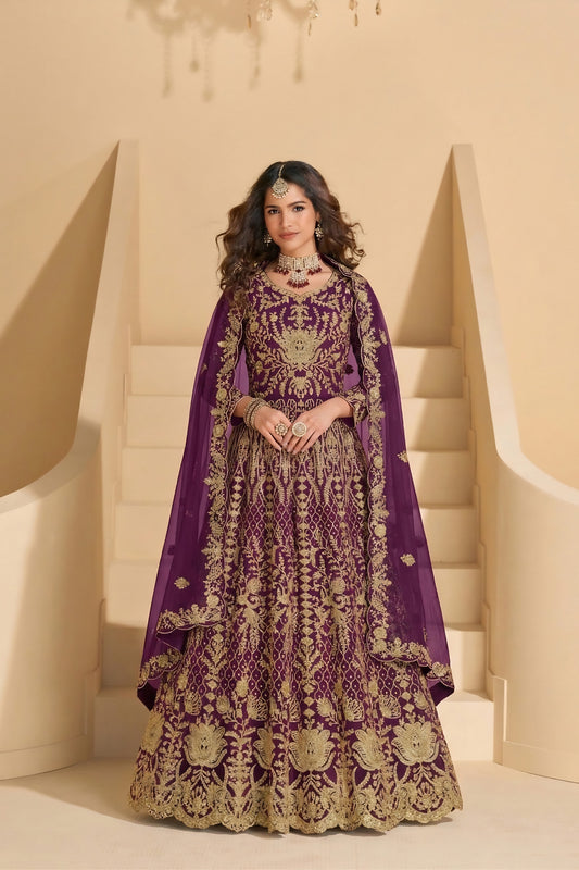 Festive Purple Heavy Embroidered Butterfly Net Semi-Stitched Anarkali Suit with Dupatta