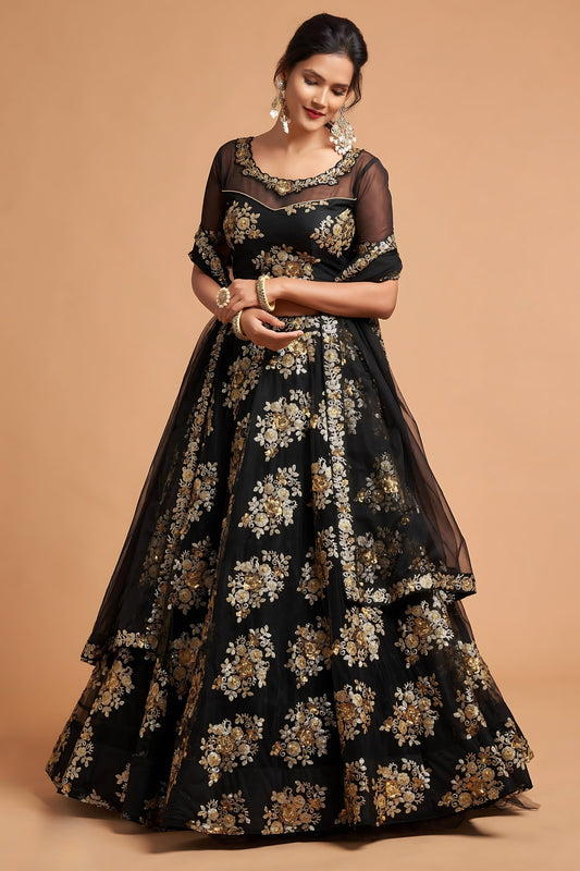 Elegant Black Soft Net Embroidered Party Wear Lehenga Choli with Dupatta