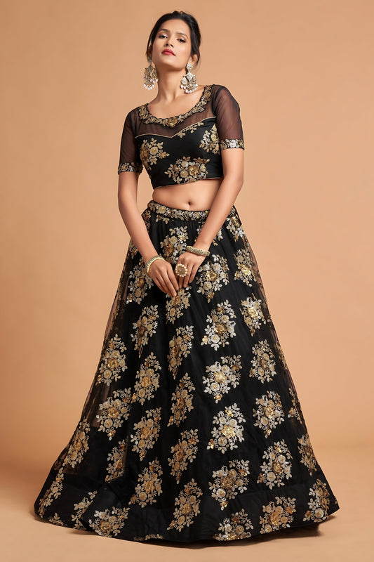 Elegant Black Soft Net Embroidered Party Wear Lehenga Choli with Dupatta