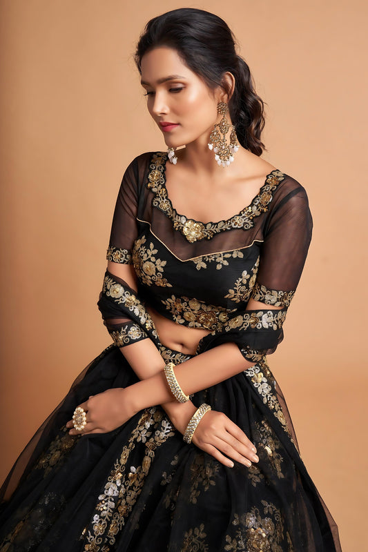 Elegant Black Soft Net Embroidered Party Wear Lehenga Choli with Dupatta