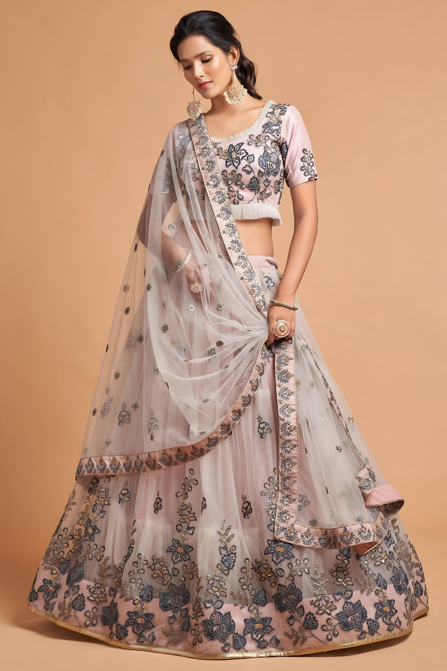 Designer Grey Soft Net Embroidered Wedding Lehenga Choli with Dupatta
