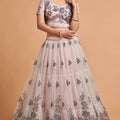 Designer Grey Soft Net Embroidered Wedding Lehenga Choli with Dupatta