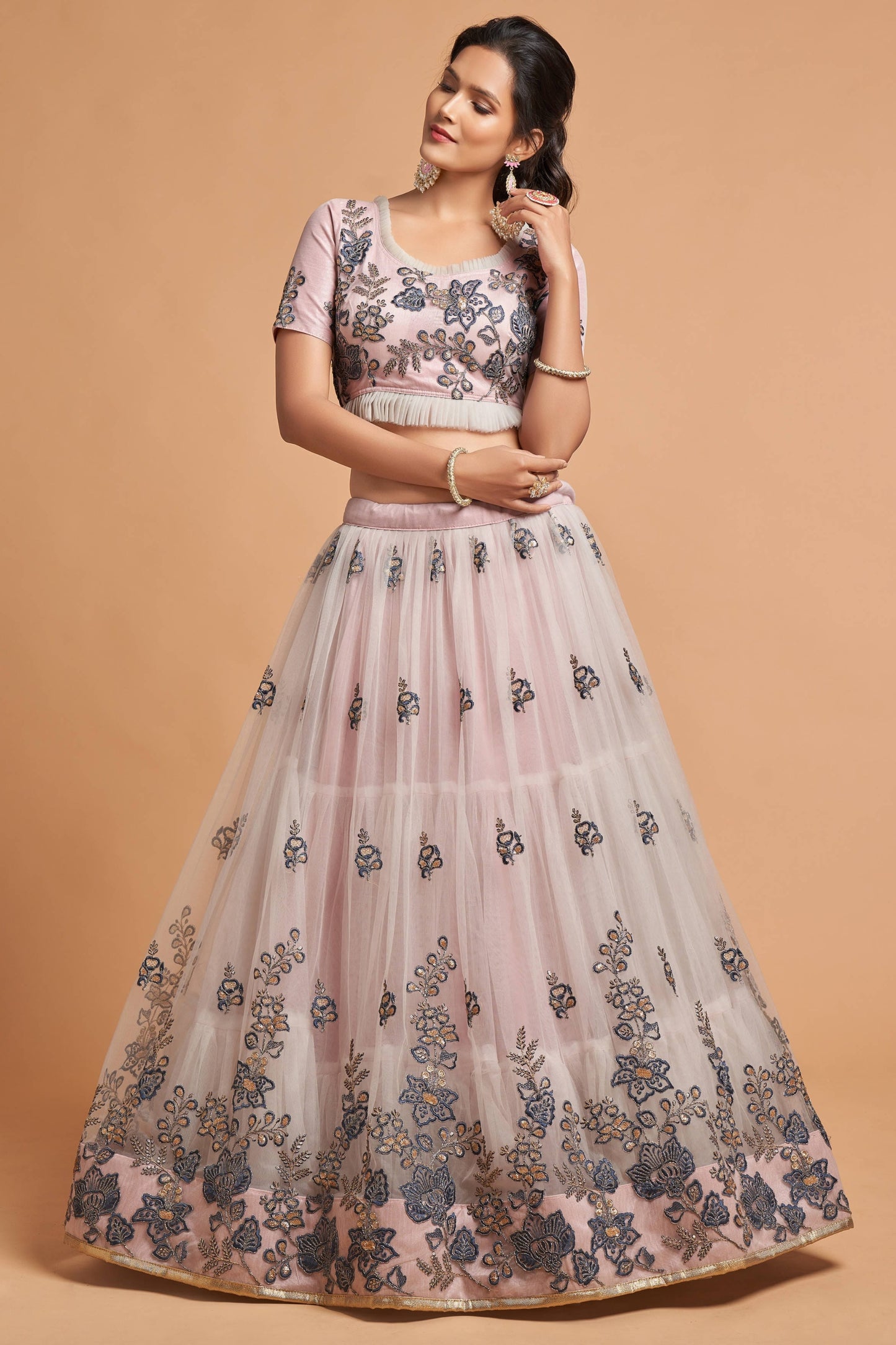 Designer Grey Soft Net Embroidered Wedding Lehenga Choli with Dupatta