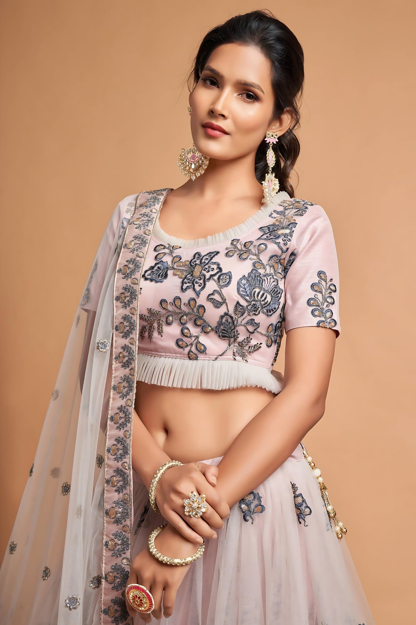 Designer Grey Soft Net Embroidered Wedding Lehenga Choli with Dupatta