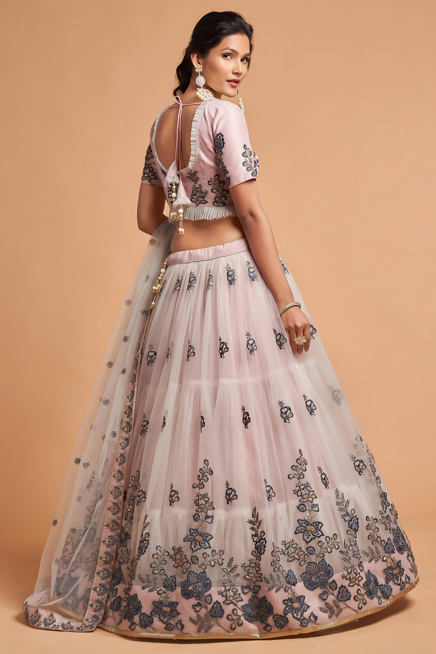 Designer Grey Soft Net Embroidered Wedding Lehenga Choli with Dupatta