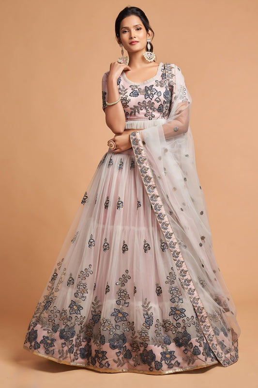 Designer Grey Soft Net Embroidered Wedding Lehenga Choli with Dupatta