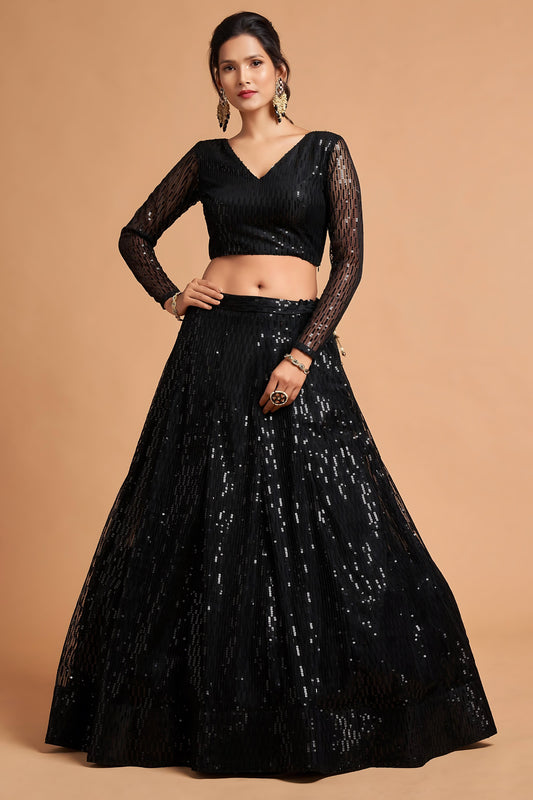 Fancy Black Soft Net Sequins Embroidered Lehenga Choli with Dupatta