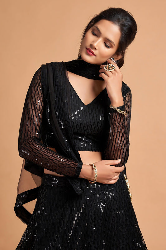 Fancy Black Soft Net Sequins Embroidered Lehenga Choli with Dupatta