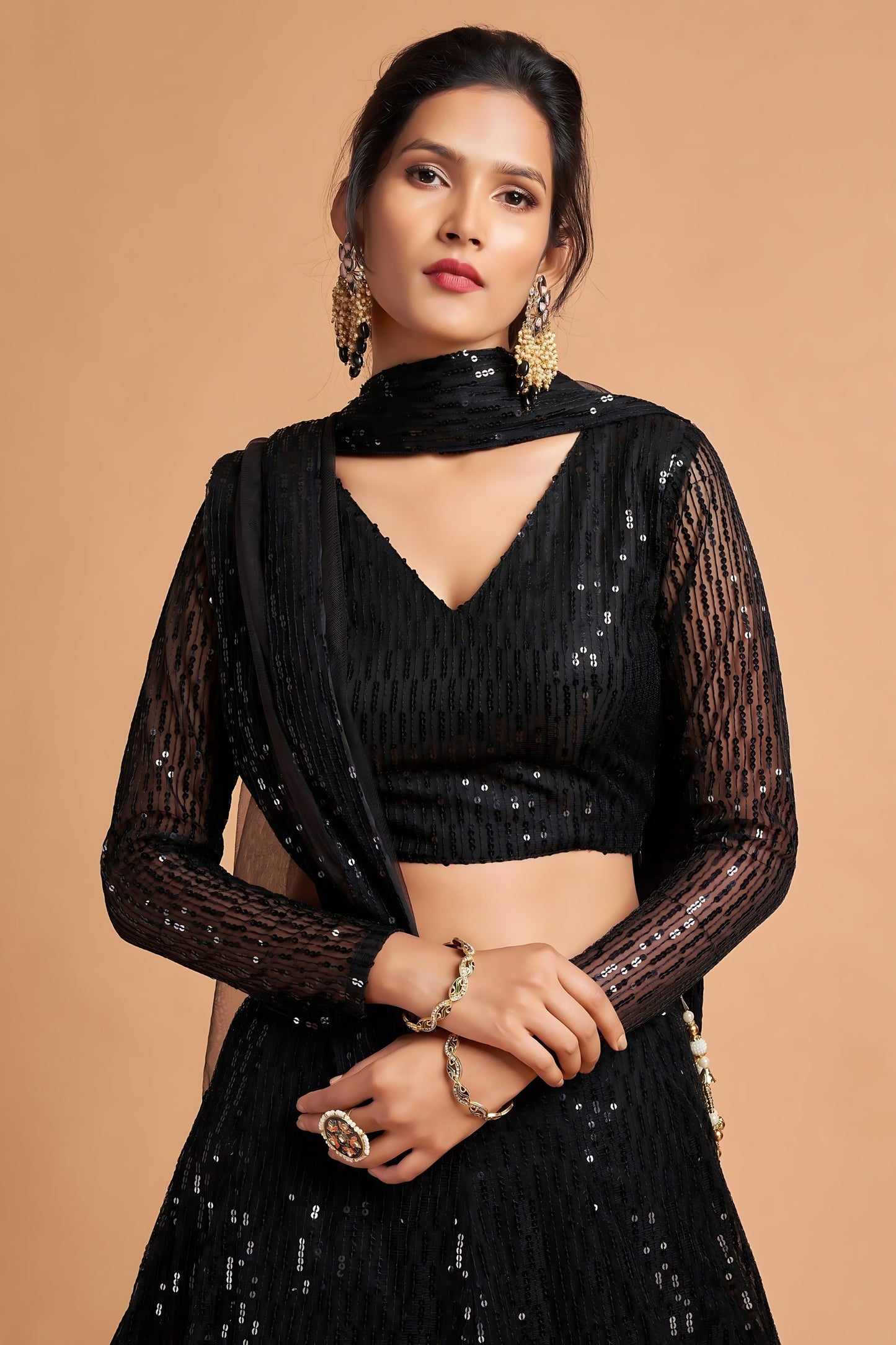 Fancy Black Soft Net Sequins Embroidered Lehenga Choli with Dupatta