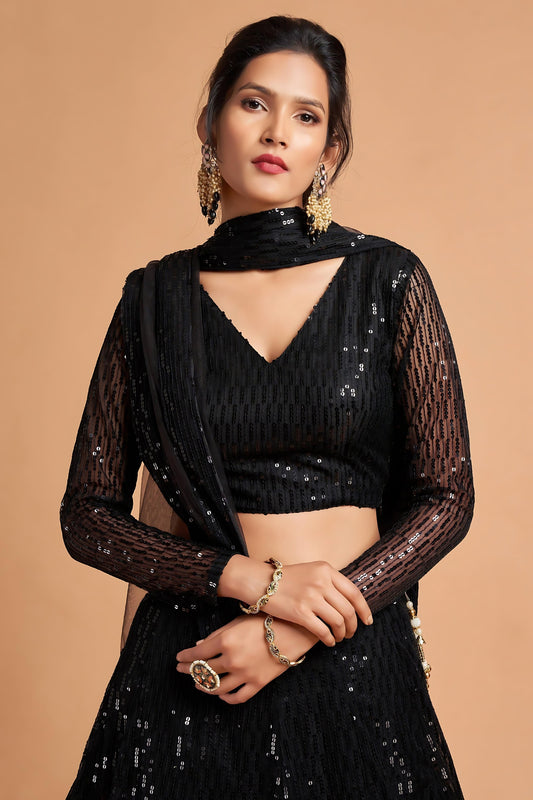 Fancy Black Soft Net Sequins Embroidered Lehenga Choli with Dupatta