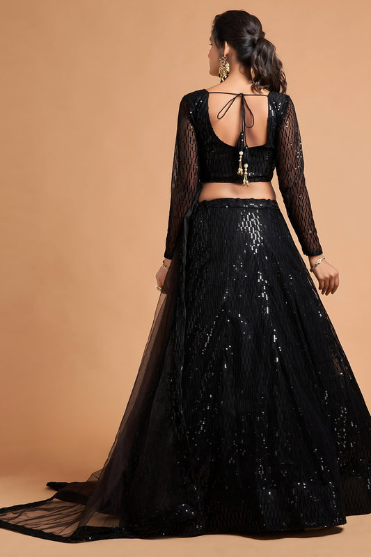 Fancy Black Soft Net Sequins Embroidered Lehenga Choli with Dupatta
