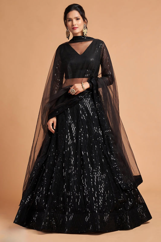 Fancy Black Soft Net Sequins Embroidered Lehenga Choli with Dupatta