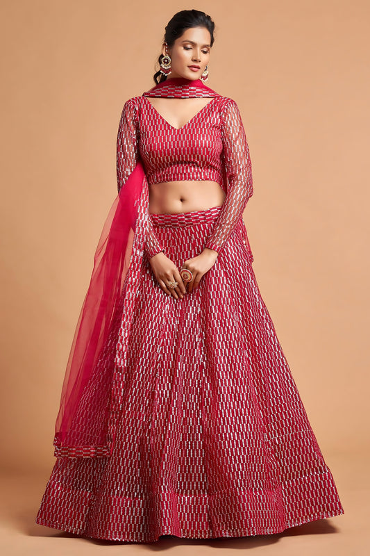 Stunning Hot Pink Soft Net Sequins Embroidered Lehenga Choli with Dupatta