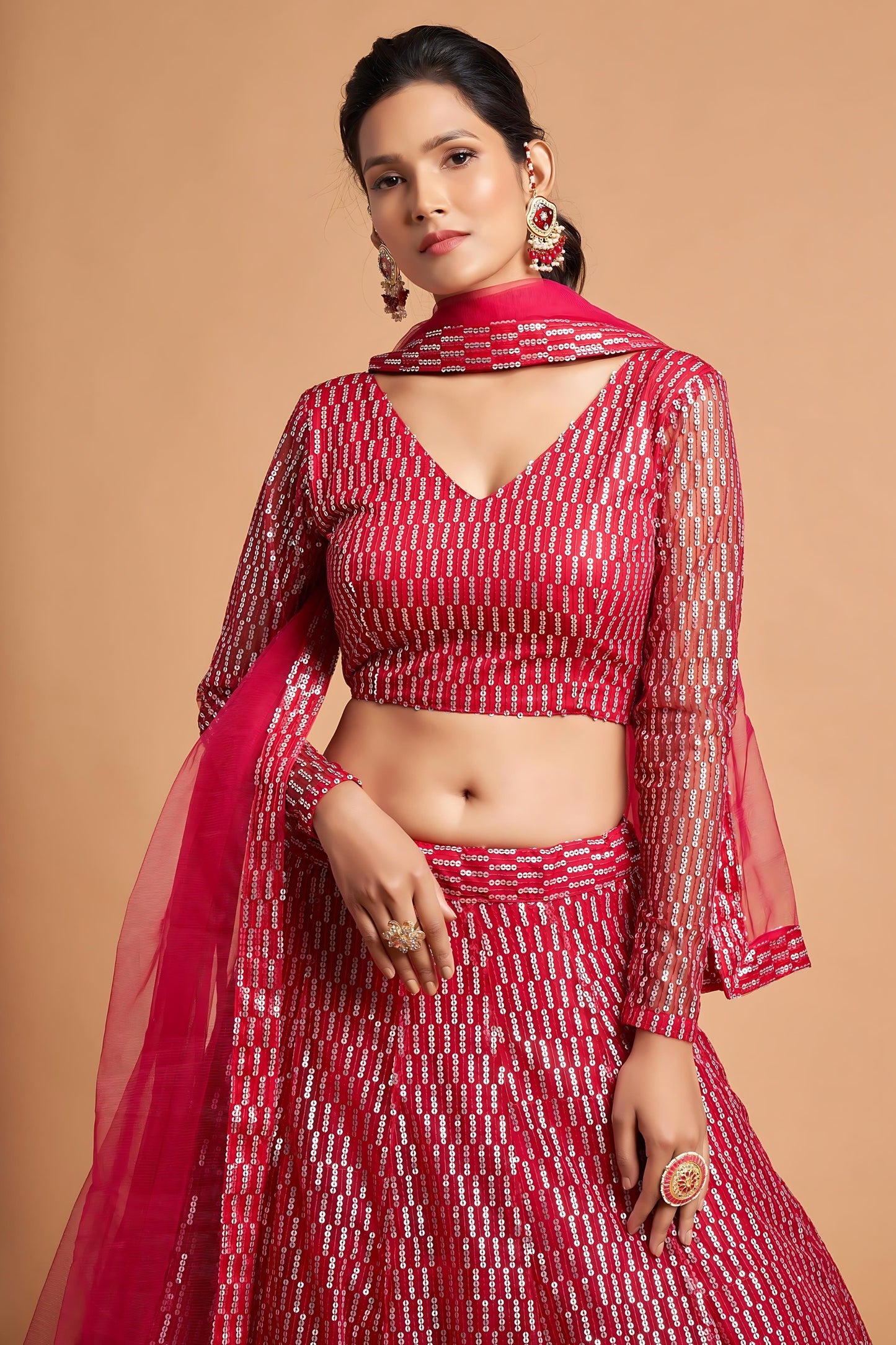 Stunning Hot Pink Soft Net Sequins Embroidered Lehenga Choli with Dupatta