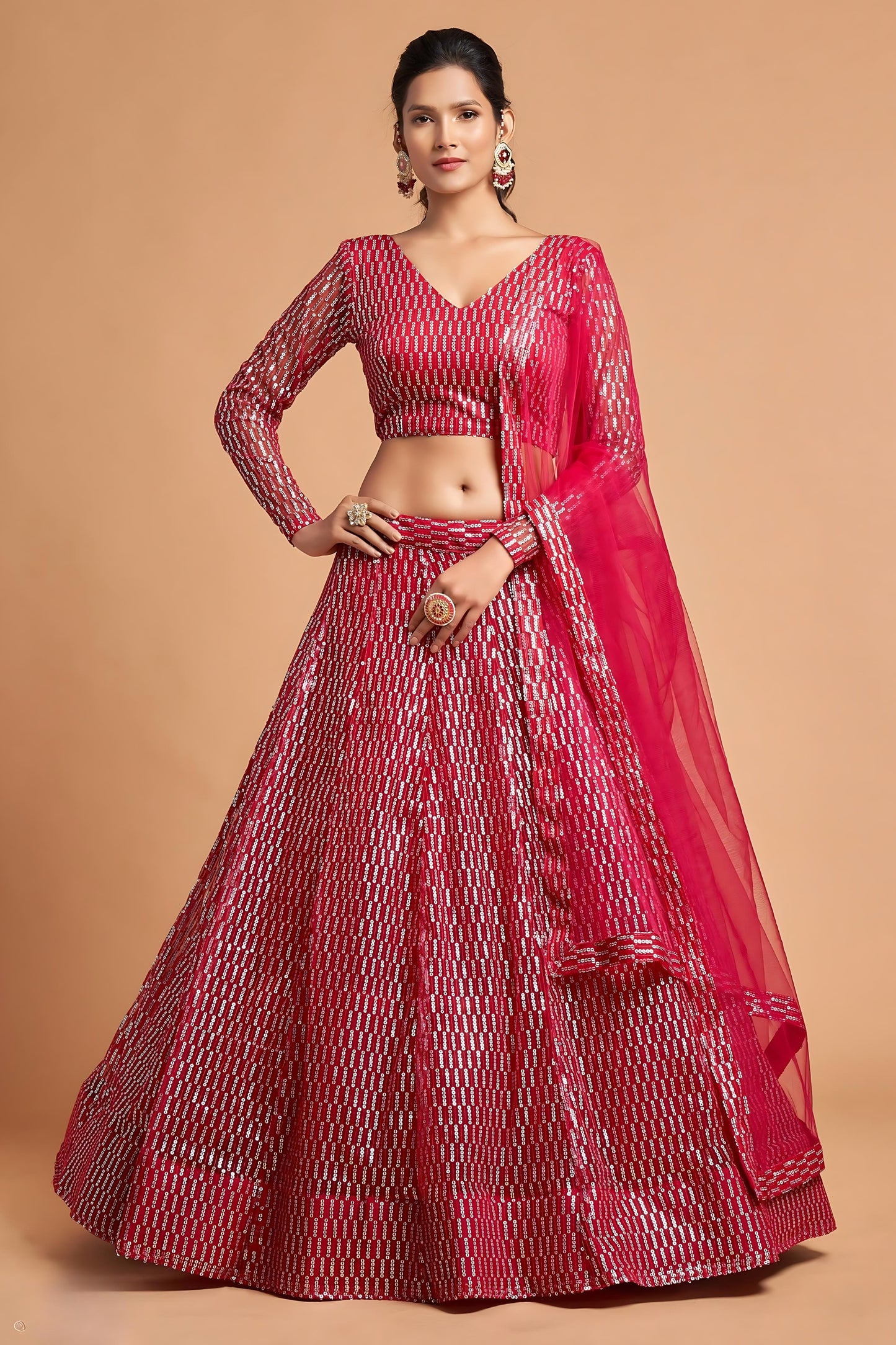 Stunning Hot Pink Soft Net Sequins Embroidered Lehenga Choli with Dupatta