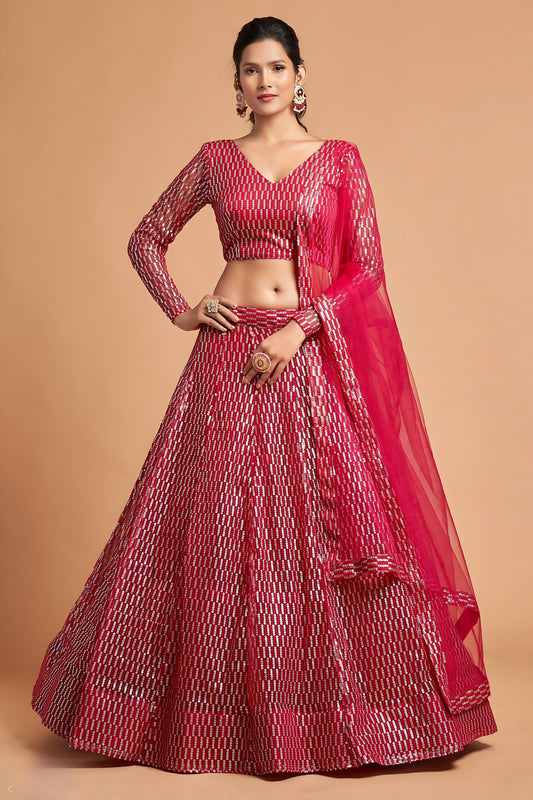 Stunning Hot Pink Soft Net Sequins Embroidered Lehenga Choli with Dupatta
