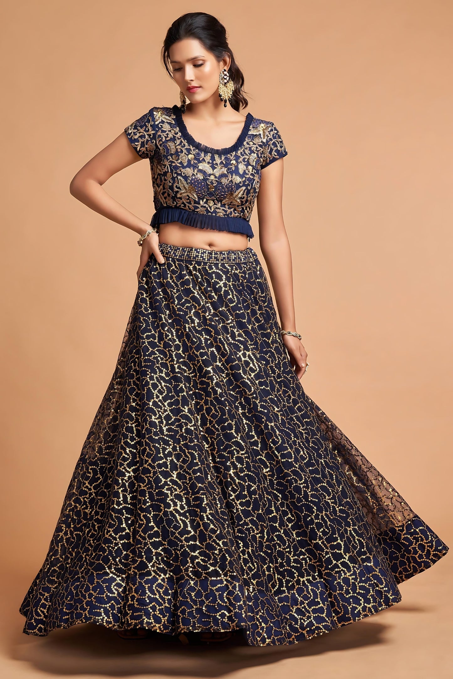 Trendy Navy Blue Soft Net Sequins Embroidered Lehenga Choli with Dupatta