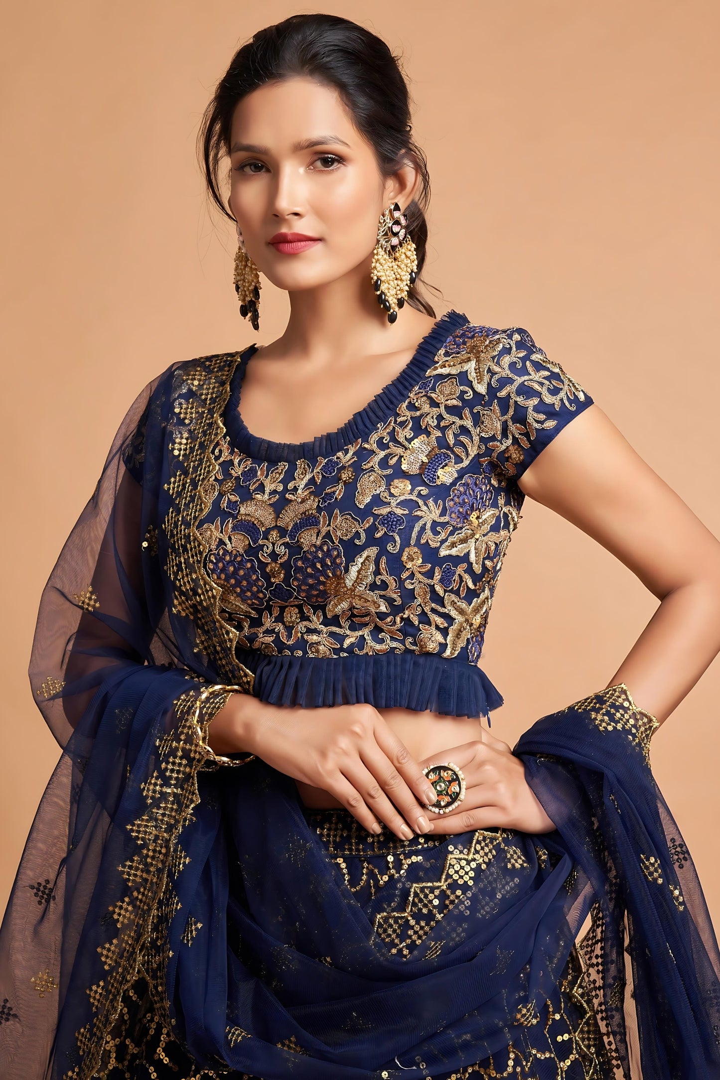 Trendy Navy Blue Soft Net Sequins Embroidered Lehenga Choli with Dupatta