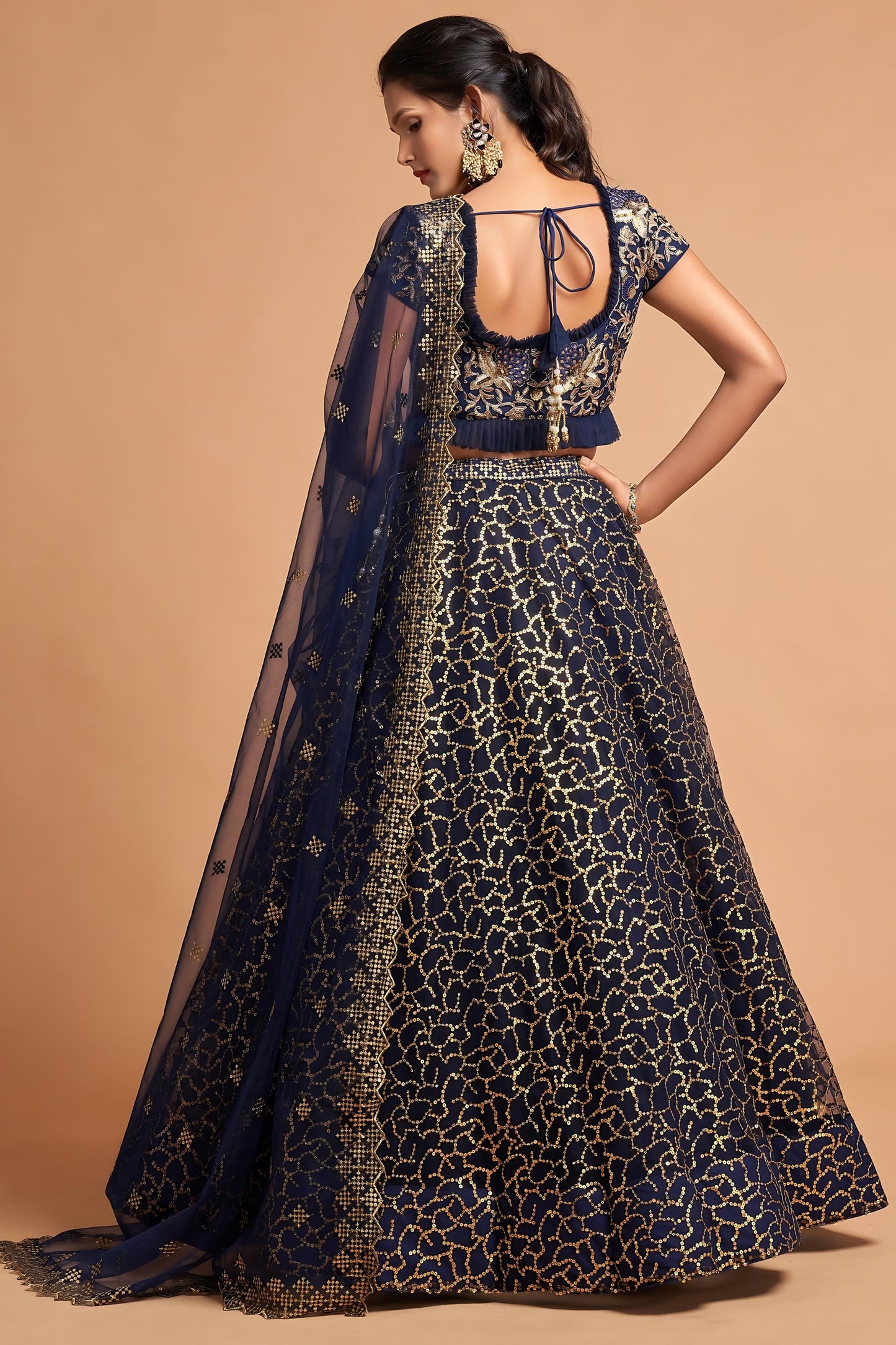 Trendy Navy Blue Soft Net Sequins Embroidered Lehenga Choli with Dupatta