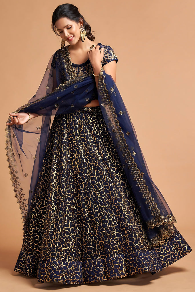 Trendy Navy Blue Soft Net Sequins Embroidered Lehenga Choli with Dupatta