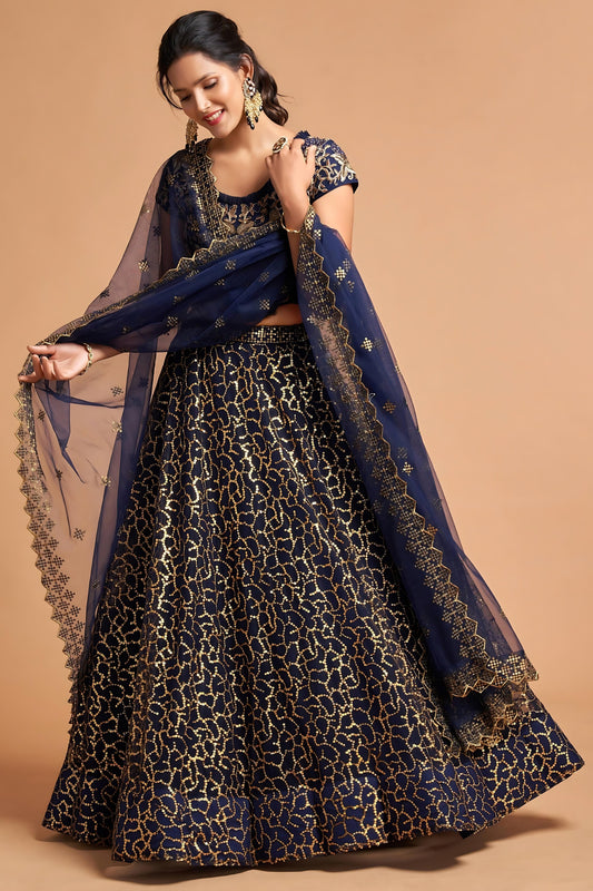 Trendy Navy Blue Soft Net Sequins Embroidered Lehenga Choli with Dupatta