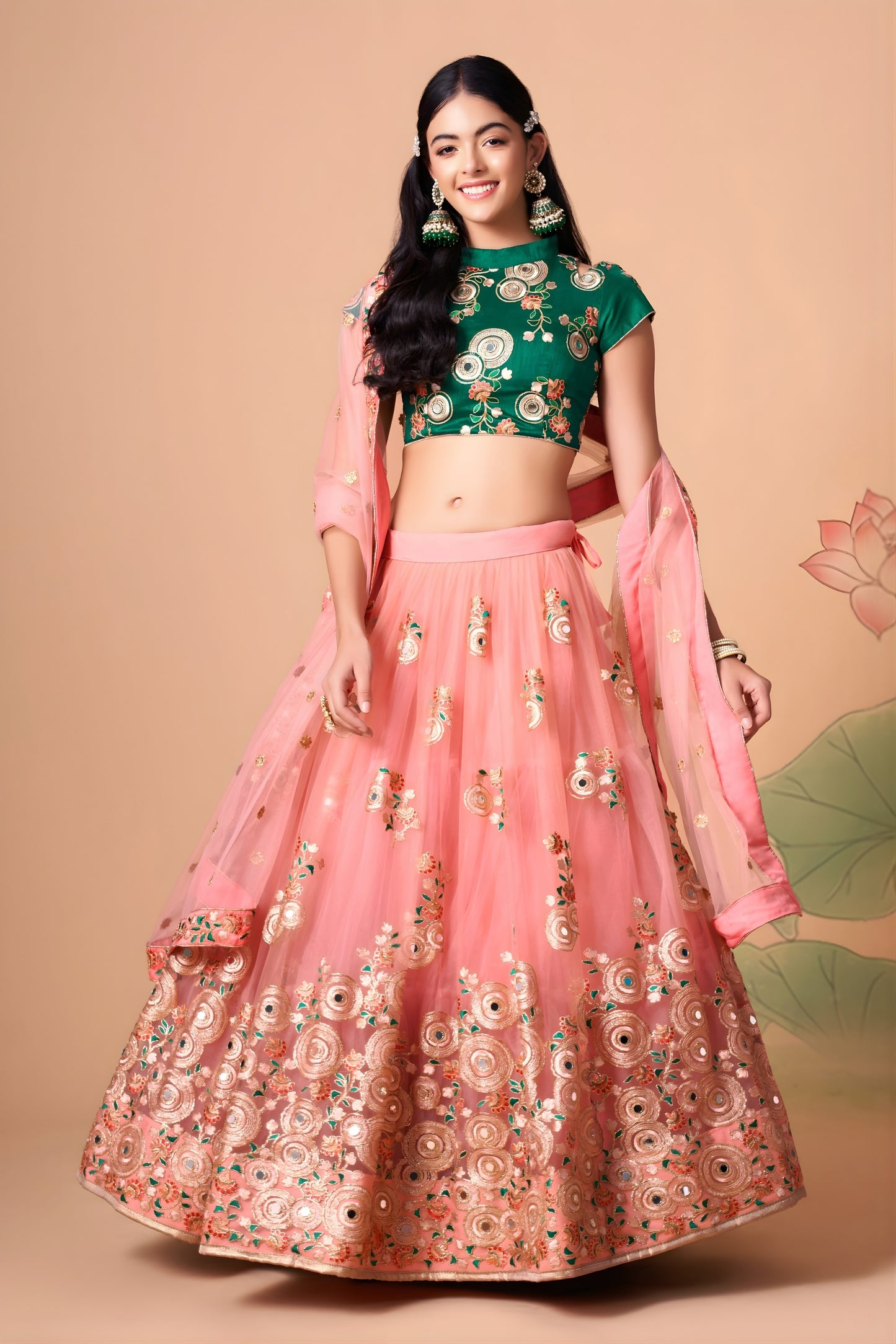 Elegant Peach Soft Net Embroidered Lehenga Choli with Green Silk Blouse and Dupatta