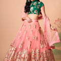 Elegant Peach Soft Net Embroidered Lehenga Choli with Green Silk Blouse and Dupatta