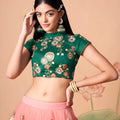 Elegant Peach Soft Net Embroidered Lehenga Choli with Green Silk Blouse and Dupatta