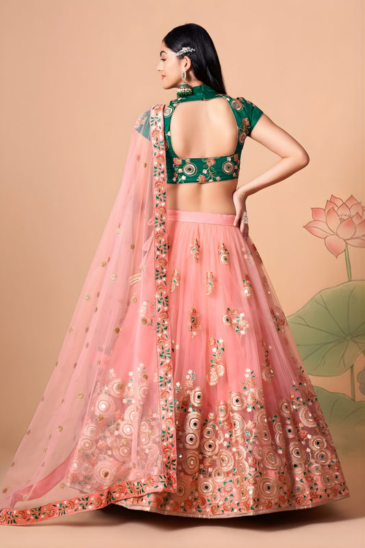 Elegant Peach Soft Net Embroidered Lehenga Choli with Green Silk Blouse and Dupatta