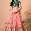 Elegant Peach Soft Net Embroidered Lehenga Choli with Green Silk Blouse and Dupatta