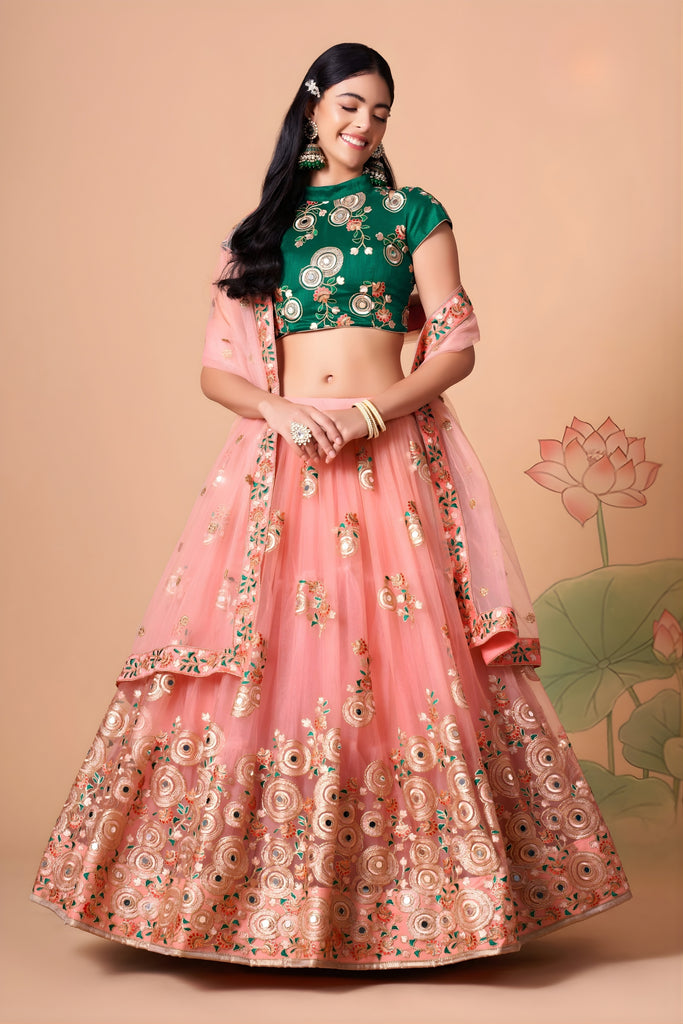 Elegant Peach Soft Net Embroidered Lehenga Choli with Green Silk Blouse and Dupatta