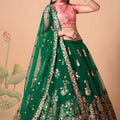 Stunning Green Soft Net Embroidered Lehenga Choli with Pink Silk Blouse and Dupatta