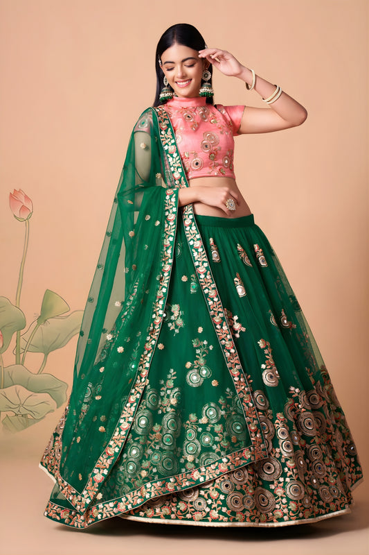 Stunning Green Soft Net Embroidered Lehenga Choli with Pink Silk Blouse and Dupatta