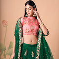 Stunning Green Soft Net Embroidered Lehenga Choli with Pink Silk Blouse and Dupatta
