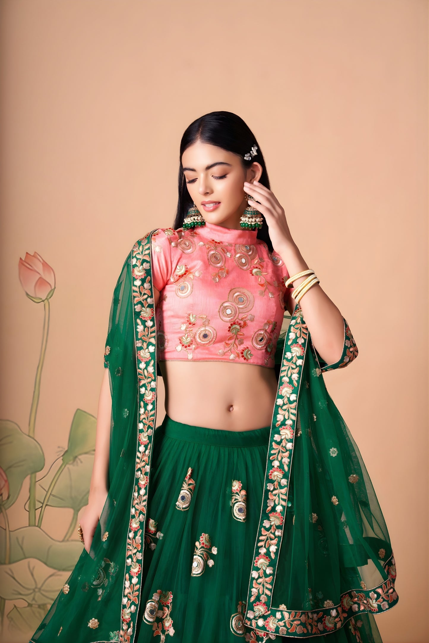 Stunning Green Soft Net Embroidered Lehenga Choli with Pink Silk Blouse and Dupatta