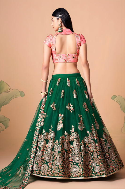 Stunning Green Soft Net Embroidered Lehenga Choli with Pink Silk Blouse and Dupatta