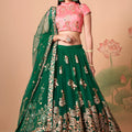 Stunning Green Soft Net Embroidered Lehenga Choli with Pink Silk Blouse and Dupatta