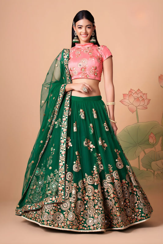 Stunning Green Soft Net Embroidered Lehenga Choli with Pink Silk Blouse and Dupatta