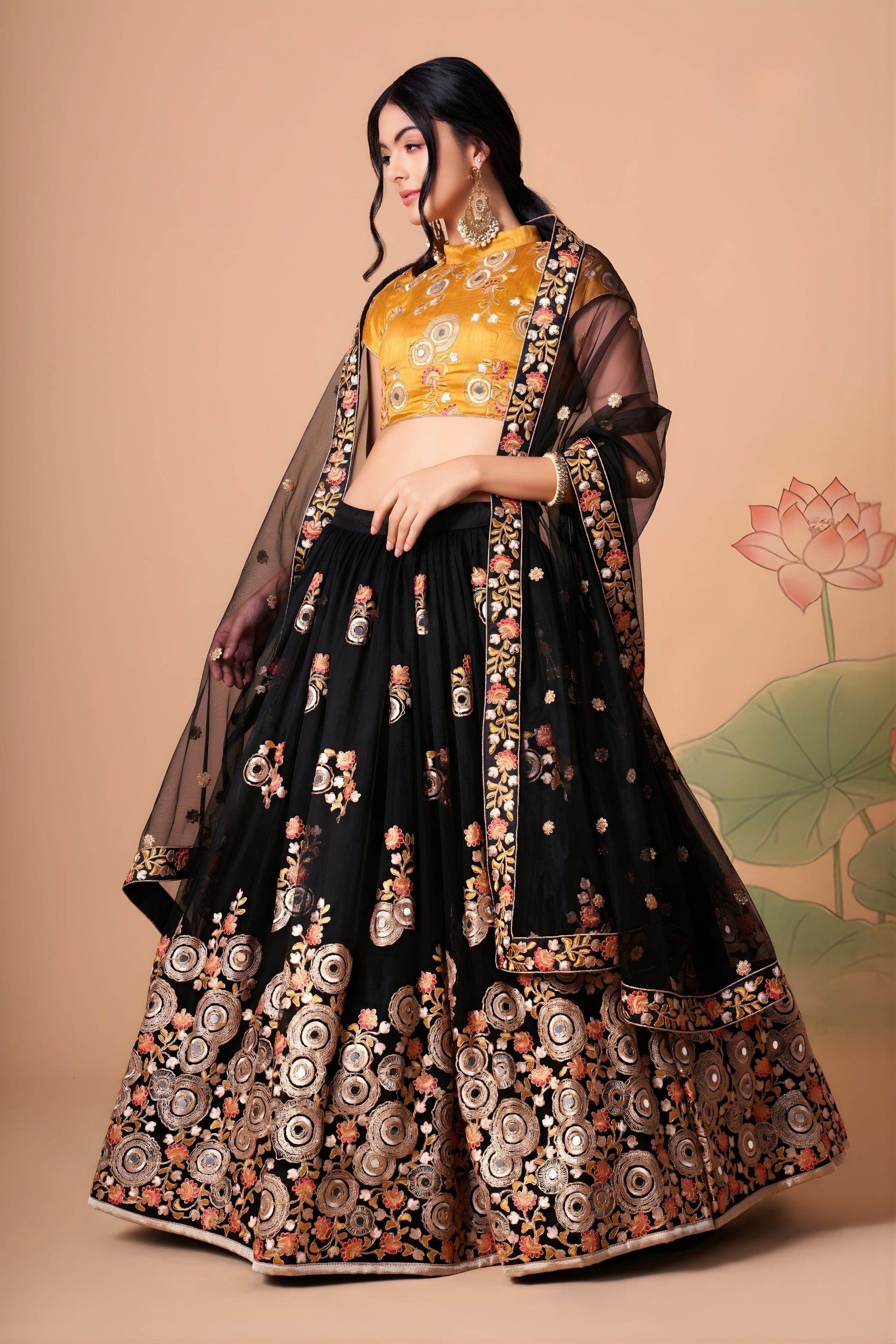 Superb Black Soft Net Embroidered Lehenga Choli with Silk Blouse and Dupatta