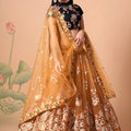 Amazing Mustard Yellow Soft Net Embroidered Lehenga Choli with Black Silk Blouse and Dupatta