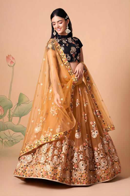 Amazing Mustard Yellow Soft Net Embroidered Lehenga Choli with Black Silk Blouse and Dupatta
