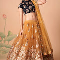 Amazing Mustard Yellow Soft Net Embroidered Lehenga Choli with Black Silk Blouse and Dupatta